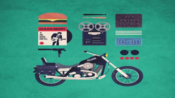 Eine stilisierte Darstellung verschiedener Gegenstände, darunter ein Motorrad, ein Burger und eine Schallplatte von Chuck Berry.