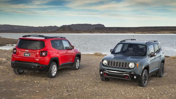 Zwei Jeep Renegade stehen vor einer malerischen Landschaft.
