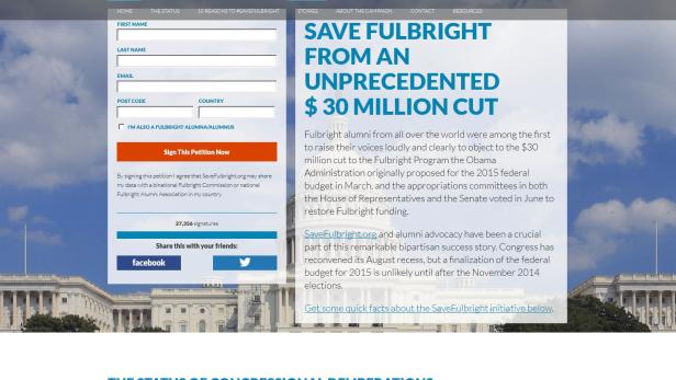 Die Webseite „Save Fulbright“ mit Informationen und einem Formular zur Unterzeichnung einer Petition.