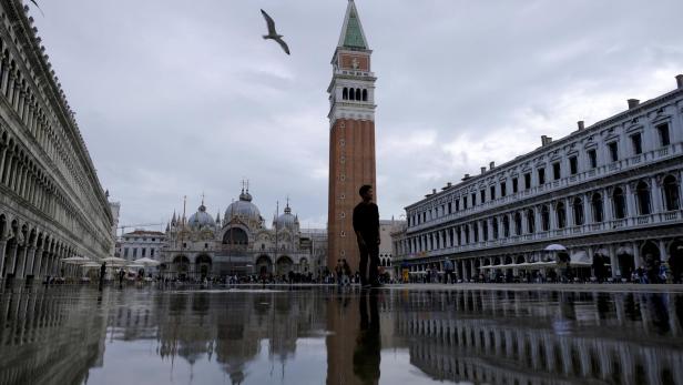 A view of St. Mark's Square during seasonly high water in Venice