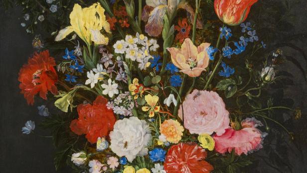 Ein Blumenstillleben mit Rosen, Tulpen, Iris und anderen Blumen in verschiedenen Farben.