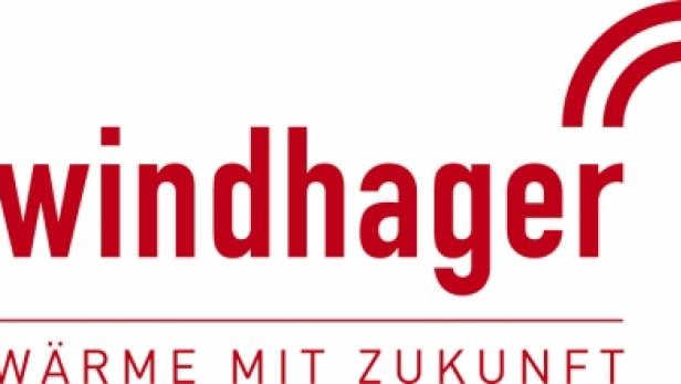 Das Logo von Windhager, einem Unternehmen für Heiztechnik, mit dem Slogan „Wärme mit Zukunft“.