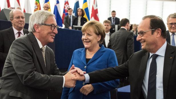 Jean-Claude Juncker, Angela Merkel und Francois Hollande.