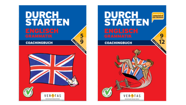 Die Cover zweier Englisch-Grammatik-Coachingbücher mit Motiven der britischen Flagge und Sehenswürdigkeiten.