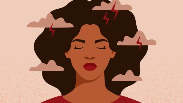 African American woman feels anxiety and emotional stress. Depressed black girl experiences mental health issues.