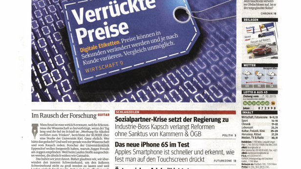 Titelseite der Zeitung Kurier vom 8. Oktober 2015.