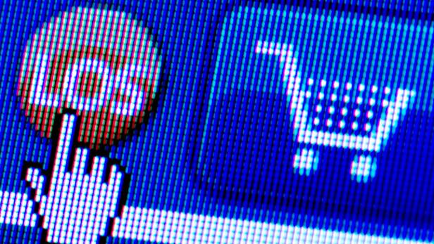 Ein Cursor-Hand-Symbol klickt auf ein Warenkorb-Symbol auf einem blauen Bildschirm.