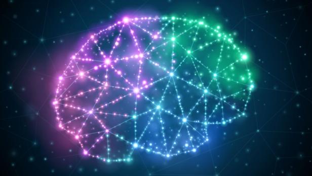 Eine stilisierte, leuchtende Gehirn-Grafik auf dunklem Hintergrund.