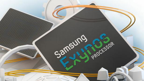 Ein Samsung Exynos Prozessor, umgeben von abstrakten, technischen Elementen.
