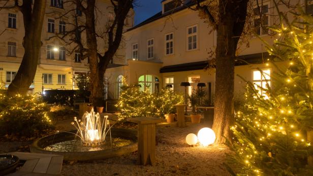 Ein Garten mit beleuchteten Weihnachtsbäumen, einem Brunnen und dekorativen Kugellampen bei Nacht.