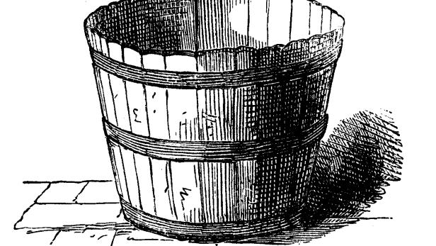 Victorian black and white simple line drawing of a wooden bucket showing how to shade;Drawing and shading techniques from The Self-Aid Cyclopedia by Robert Scott Burn 1860.