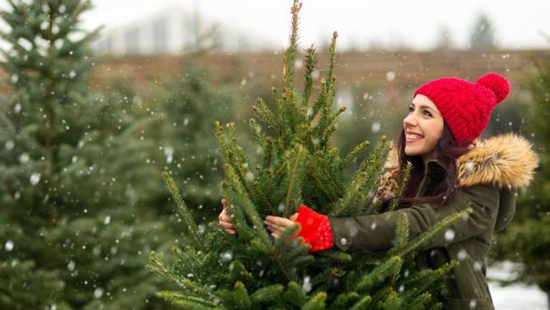 Eine Frau in Winterkleidung umarmt einen kleinen Weihnachtsbaum im Schneefall.