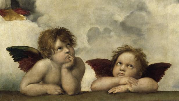 Zwei geflügelte Putten aus Raffaels „Sixtinischer Madonna“ lehnen auf einer Wolke.