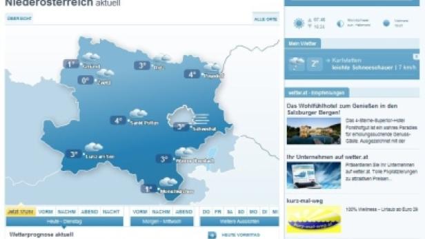Eine Wetterkarte von Niederösterreich mit Temperaturangaben für verschiedene Orte.