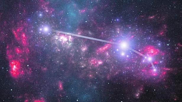 Die Sternenkonstellation Widder vor einem farbenprächtigen Nebel im Weltraum.