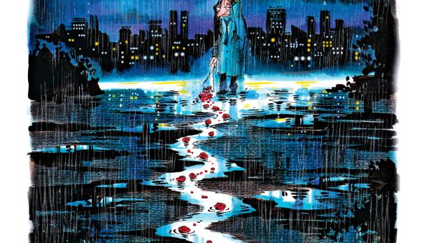 Eine Frau steht im Regen unter einer Laterne, Rosenblätter schwimmen im Wasser.