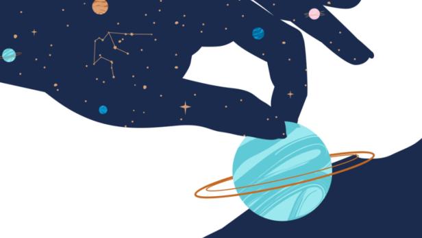 Eine stilisierte Hand hält einen blauen Planeten mit Ringen vor einem Nachthimmel.