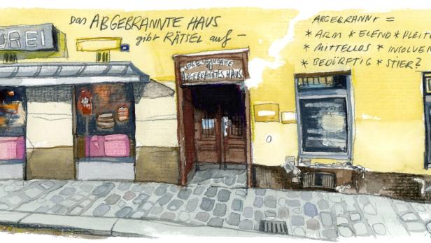 Eine Aquarellzeichnung eines gelben Gebäudes mit der Aufschrift „Das abgebrannte Haus gibt Rätsel auf“.