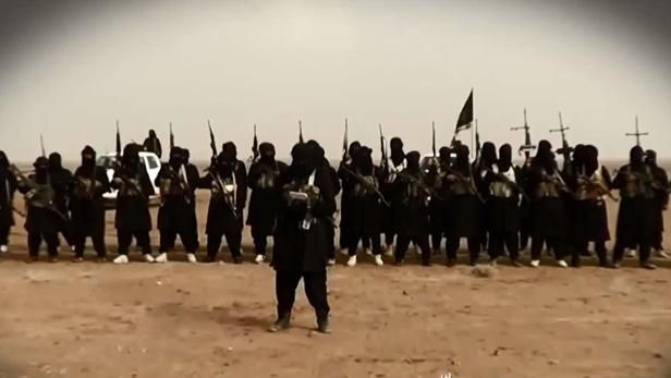 Maskierte und unmaskierte Kämpfer, sowie Fahnen dominieren die meisten Bilder des IS. Sie sollen Stärke und ein Gemeinschaftsgefühl demonstrieren. (Archivbild)