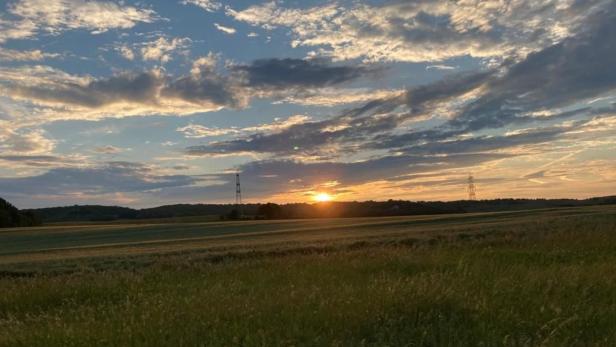 Die Sonne geht über einem Feld mit Gras und Strommasten unter.