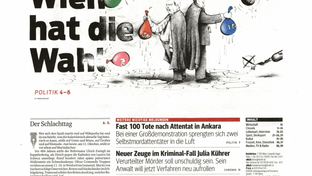 Titelseite des „Kurier am Sonntag“ vom 11. Oktober 2015 mit der Schlagzeile „Wien hat die Wahl!".