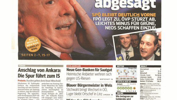Titelseite der Zeitung „Kurier“ vom 12. Oktober 2015 mit diversen Nachrichten und Artikeln.