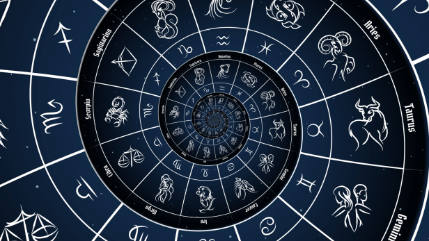 Eine Darstellung der Tierkreiszeichen in einem spiralförmigen Design.