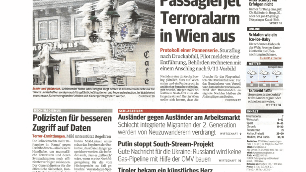 Schlagzeile vom 02.12.2014So löste Passagierjet Terroralarm in Wien ausKurier