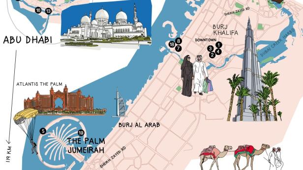 Eine illustrierte Karte von Abu Dhabi und Dubai mit Sehenswürdigkeiten wie der Scheich-Zayid-Moschee und dem Burj Khalifa.