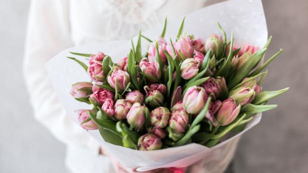 Eine Person hält einen Strauß rosa Tulpen in der Hand.