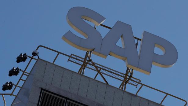 FILE PHOTO: A view shows a sign with the logo of SAP software company on an office building in Moscow