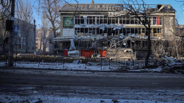 A general view shows a building damaged by a Russian military strike in the front line city of Bakhmut
