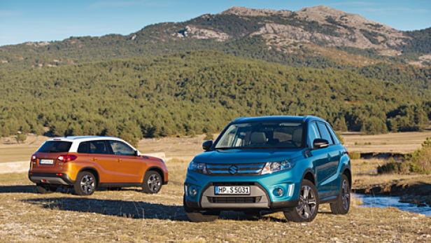 Zwei Suzuki Vitara SUVs stehen vor einer Berglandschaft.
