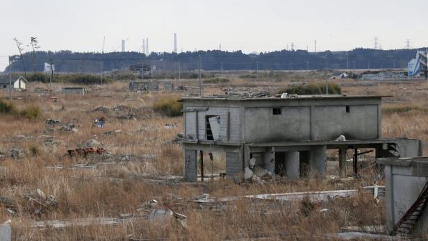 März 2014, drei Jahre nach dem GAU: Verwaistes Land in der Präfektur Fukushima, im Hintergrund das Atomkraftwerk.