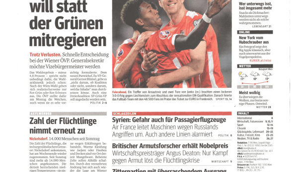 Titelseite des Kurier vom 13. Oktober 2015 mit verschiedenen Artikeln und Anzeigen.