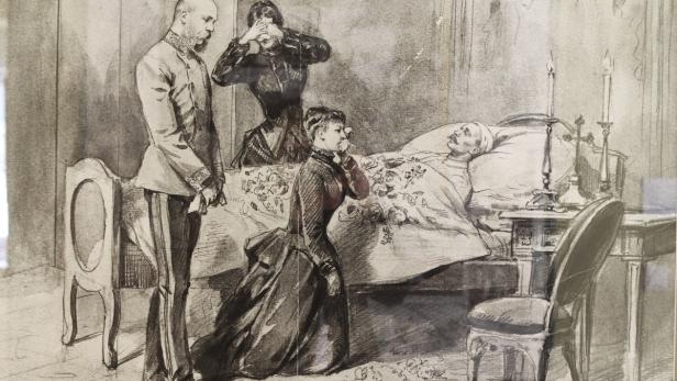 Eine Szene am Sterbebett mit drei trauernden Personen und einem Mann im Bett.