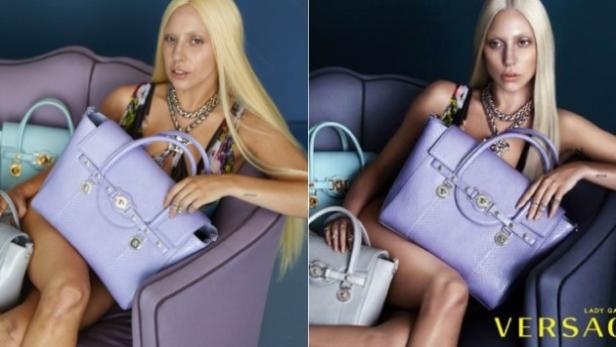 Wie weit bearbeitete Werbebilder von der Realität entfernt sein können, zeigen die Original-Fotos der neuen Versace Kampagne mit Lady Gaga.