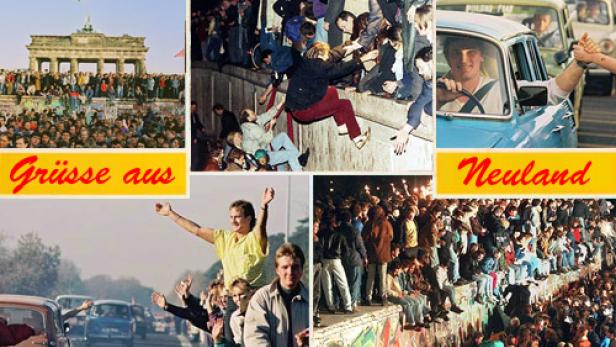 Eine Collage zeigt Menschenmassen an der Berliner Mauer und am Brandenburger Tor.