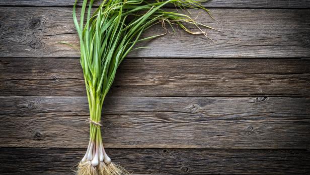 Ein Bund frischer Knoblauch liegt auf einem rustikalen Holztisch.