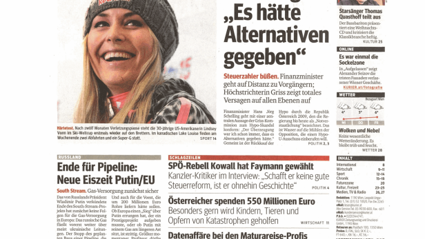 Schlagzeile vom 03.12.2014Shelling: „Es hätte Alternativen gegeben“Kurier
