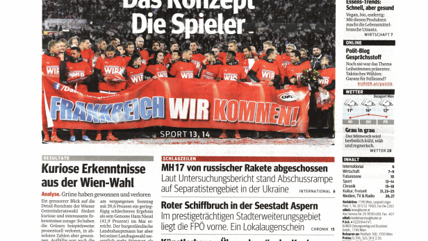 Titelseite des Kurier vom 14. Oktober 2015 mit dem Titel „Der Fahrplan, das Konzept, die Spieler“ zur Fußball-EM 2016.