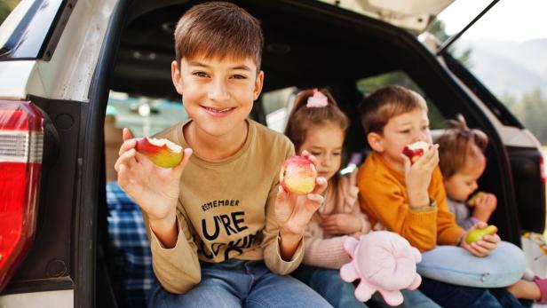 Familie mit vier Kindern isst Äpfel im Fahrzeuginnenraum. Kinder sitzen im Kofferraum. Anreise mit dem Auto in die Berge, Atmosphärenkonzept.