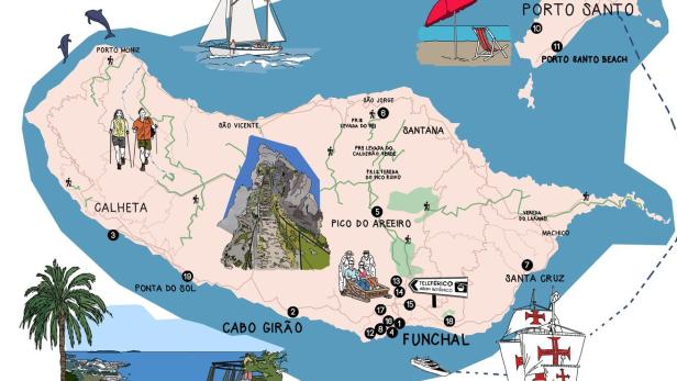 Eine illustrierte Karte von Madeira und Porto Santo mit Sehenswürdigkeiten und Wanderwegen.