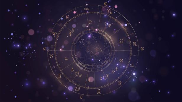 Eine goldene astrologische Tabelle mit Sternzeichen und Planeten auf dunklem Hintergrund.