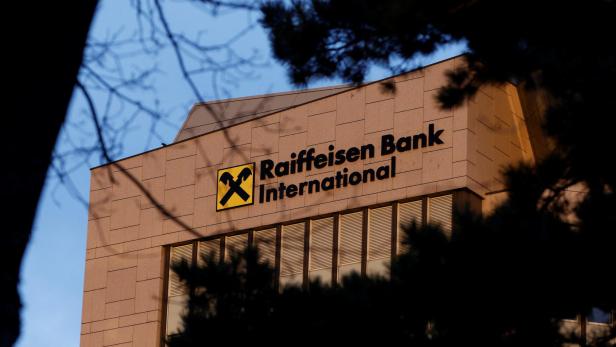 The logo of Raiffeisen Bank International (RBI) is seen at its headquarters in Vienna