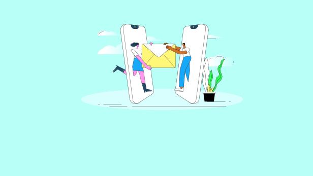 Two people use mobile phones to send mail.