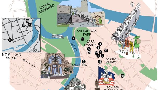 Eine illustrierte Karte von Belgrad mit Sehenswürdigkeiten wie Kalemegdan Park und dem Dom des Heiligen Sava.