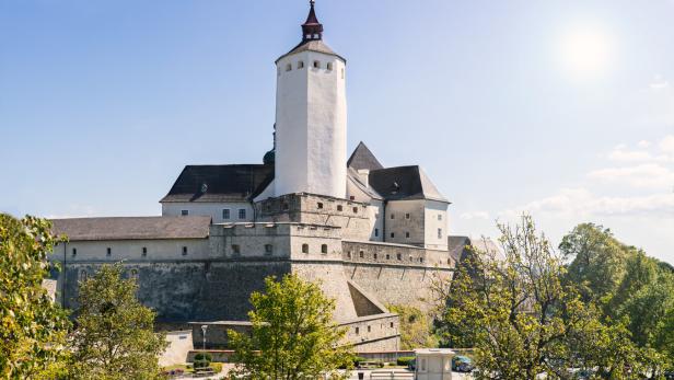 Eine große Burg mit weißem Turm steht auf einem Hügel, umgeben von Bäumen und einer Straße bei sonnigem Wetter.
