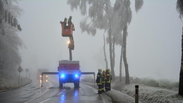 Feuerwehrleute kappen Bäume, die auf Straßen zu kippen drohen