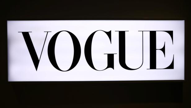 The logo of Vogue is seen inside the British Vogue headquarters in London